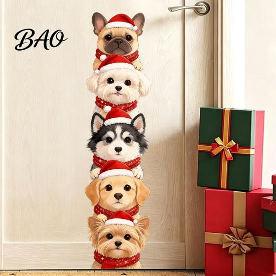 Christmas Wall Decals for Home Puppy Stickers, Removable Self-adhesive Dog Walls Doors, PVC Stacked Puppies Festive Room Decorations Art Decor