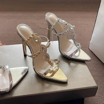 Модные темпераментные босоножки на высоком каблуке, летние новые с острым носком, с мелким вырезом, с пайетками и пряжкой, А-силуэта, с противоскользящей износостойкой подошвой и высоким каблуком