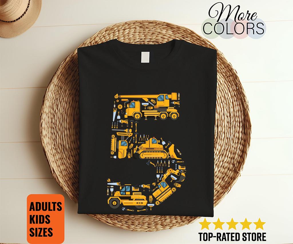 Construction Number 5 Shirt Kids Birthday Truck Excavator Bulldozer Graphic Tee Unisex Boy Girl Party Outfit Heavy Equipt Gift Unisex