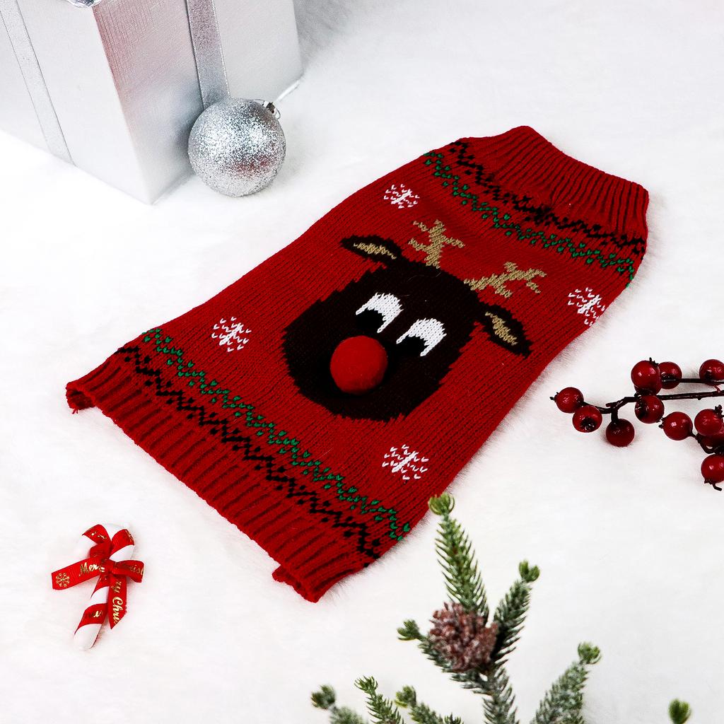Small Dog Sweater Pet Elk Christmas Sweater Clothes with Fuzzy Pompom for Dogs Cat Pet for Winter Christmas Holiday Breathable S