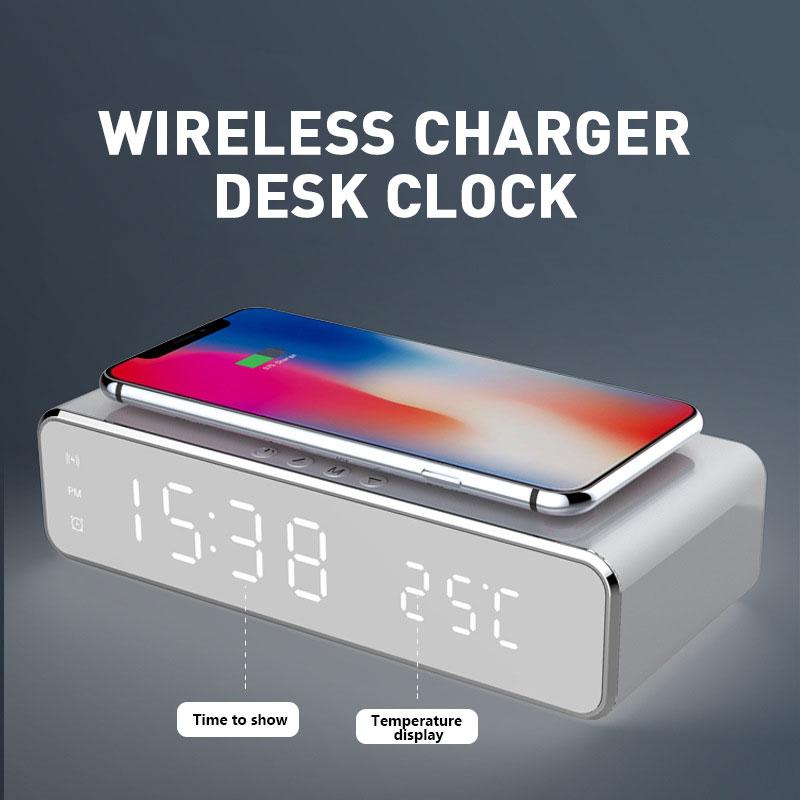 Беспроводное зарядное устройство, будильник, светодиодные цифровые часы, настольный термометр, электронные настольные часы, просыпание, FM-радио, быстрое зарядное устройство