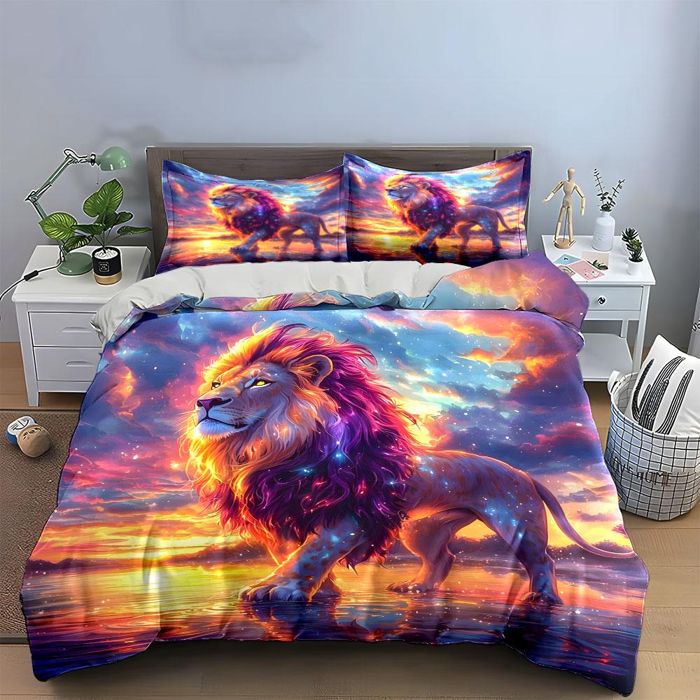 Majestic Sunset Lion Print Bedding Duvet Cover Set (1*Duvet Cover 2*Pillowcases, without duvet insert)