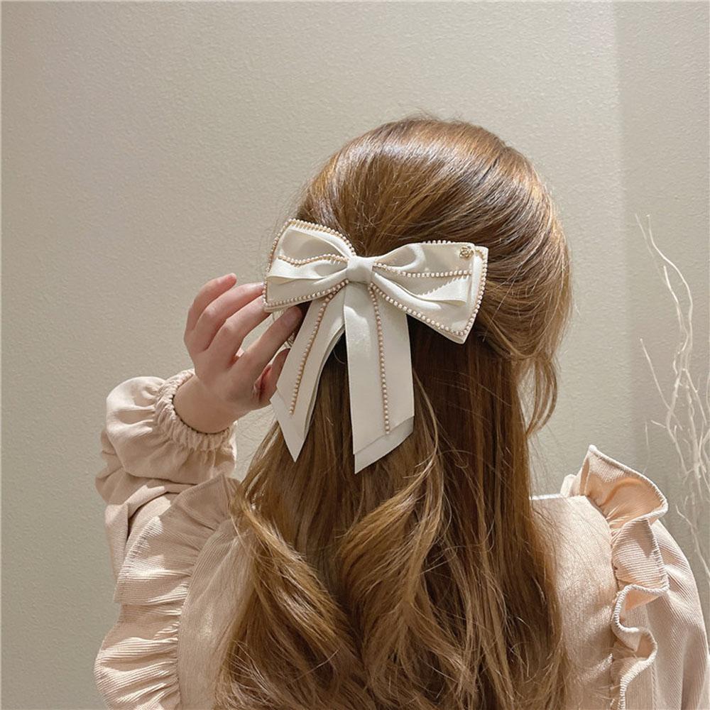 Gift Fashion Pearl Chain Women Side Clip Bow Hair Clip Spring Clip Hair Accessories