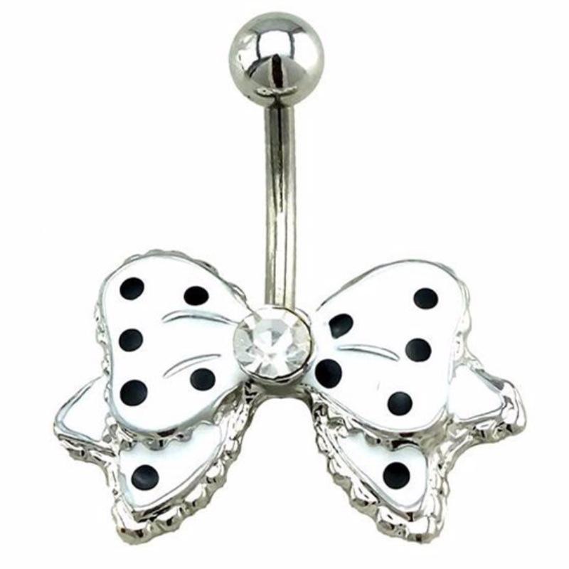 Кольцо для пупка из нержавеющей стали с бантом в горошек и бриллиантами