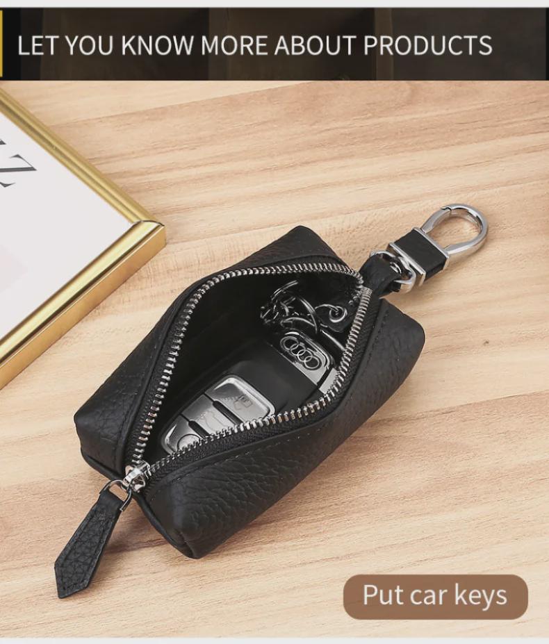 Men's Genuine Leather Car Key Bag with Zipper - Top Layer Cowhide Key Cover and Household Keychain