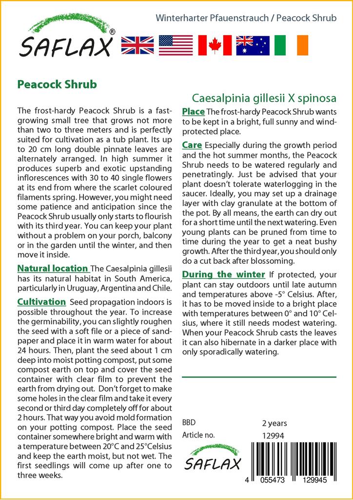 SAFLAX Подарочный набор - Куст павлина - 10 семян - С подарочной коробкой, карточкой, этикеткой и субстратом для горшков - Caesalpinia gillesii