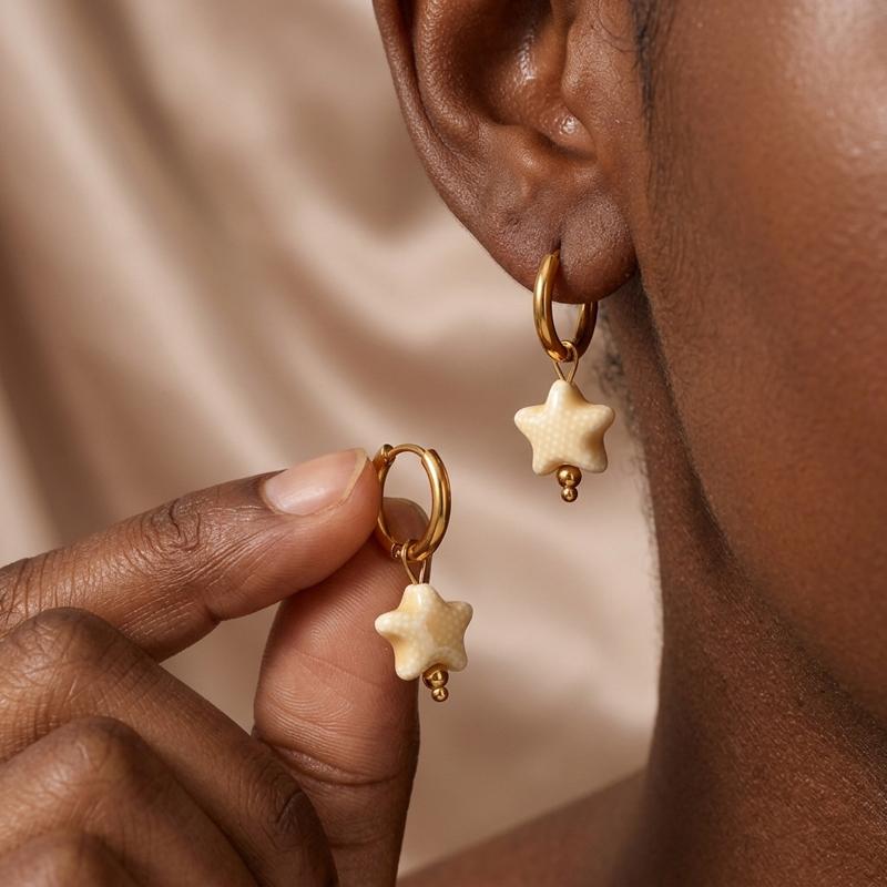 Stainless Steel Ceramic Starfish Hoop Earrings for Women Exquisite Vintage Drop Earrings Simple Casual Versatile Jewelry Gift