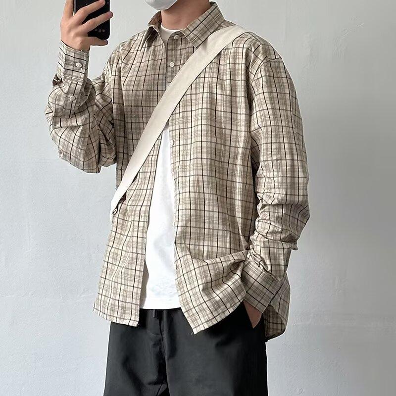 2024 Клетчатая рубашка с длинным рукавом в японском стиле Гонконга Ins Свободная рубашка для мальчиков Летнее модное универсальное повседневное пальто