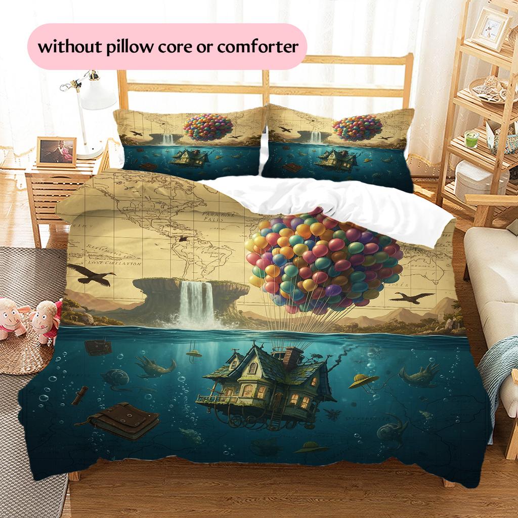 Map Ocean Architecture Pattern Bedding Quilt Set Home Decoration Gift (1 * duvet cover + 2 * pillowcase without core)