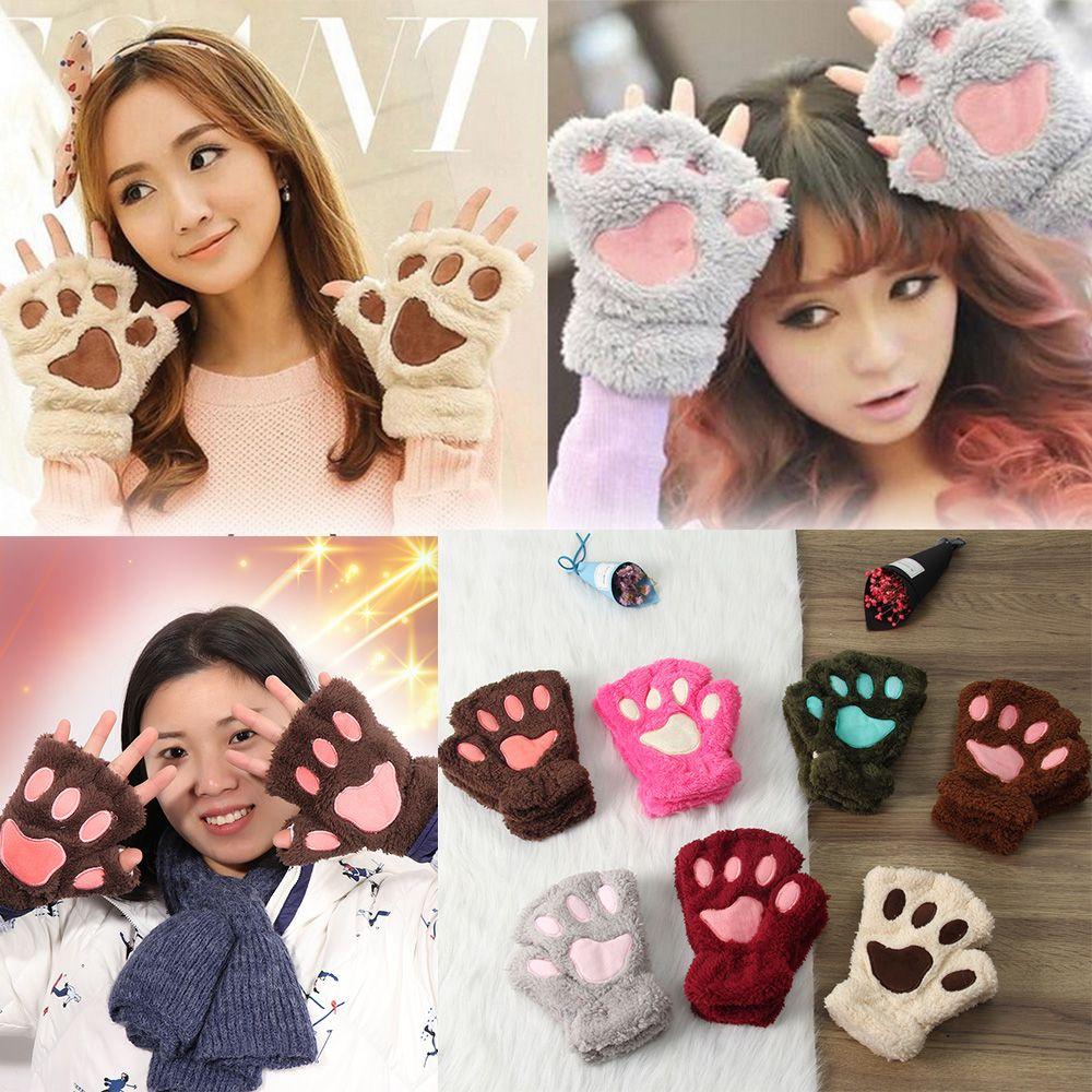 14Colors Girl Lovely Winter Warm Plush Fingerless Gloves Bear Cat Paw