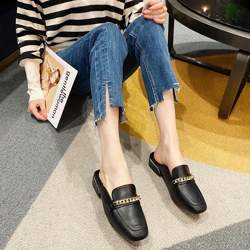 Модные летние закрытые тапочки женские толстые низкие каблуки мюли сплошные кожаные шлепанцы женские повседневные шлепанцы уличные туфли женские сандалии