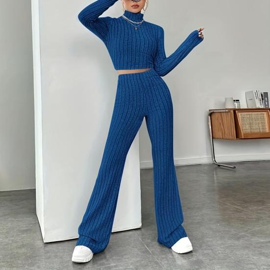 Женский однотонный вязаный наряд, 2 шт./компл., укороченные топы с воротником и длинными рукавами, расклешенные брюки с высокой талией, облегающий зимний наряд в рубчик