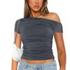 Ткань высокой эластичности однотонная с открытым плечом короткий рукав присборенная укороченная майка женская повседневная
