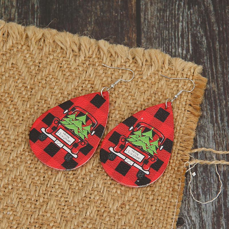 European & American Christmas Plaid Car Earrings with Tree (Double-Sided Leather)