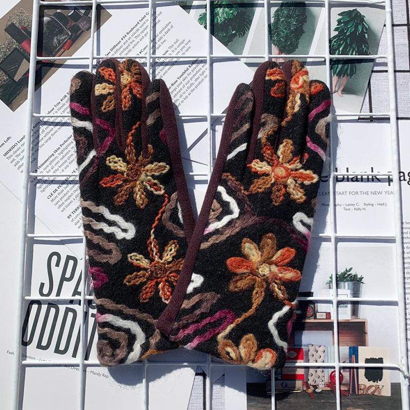 Модные шерстяные перчатки в этническом стиле для путешествий на открытом воздухе с вышивкой для сенсорных экранов, теплые флисовые перчатки без протечек