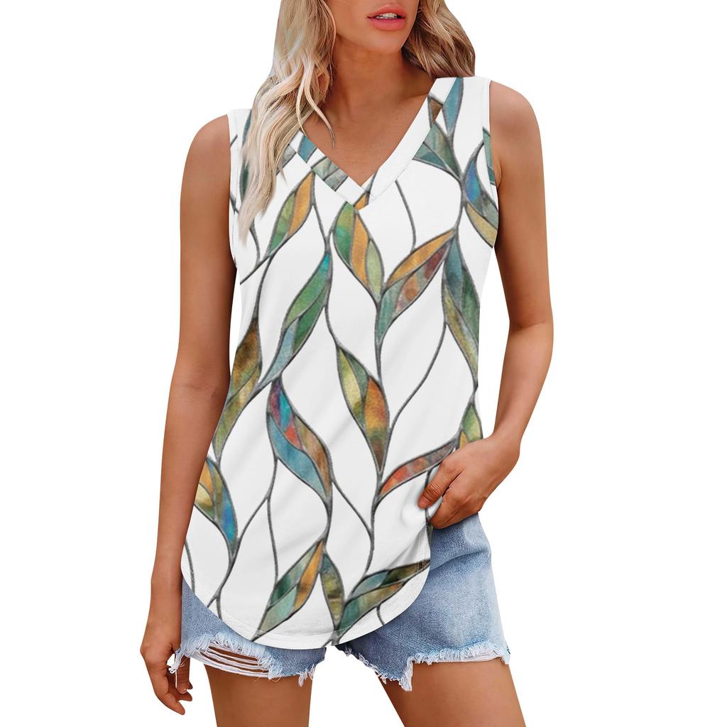 Женская майка с V-образным вырезом и принтом, повседневная майка, свободный крой, топы без рукавов, струящиеся