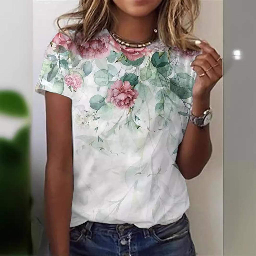 Летний топ с круглым вырезом и 3D-цветочным принтом, модные повседневные женские футболки с короткими рукавами