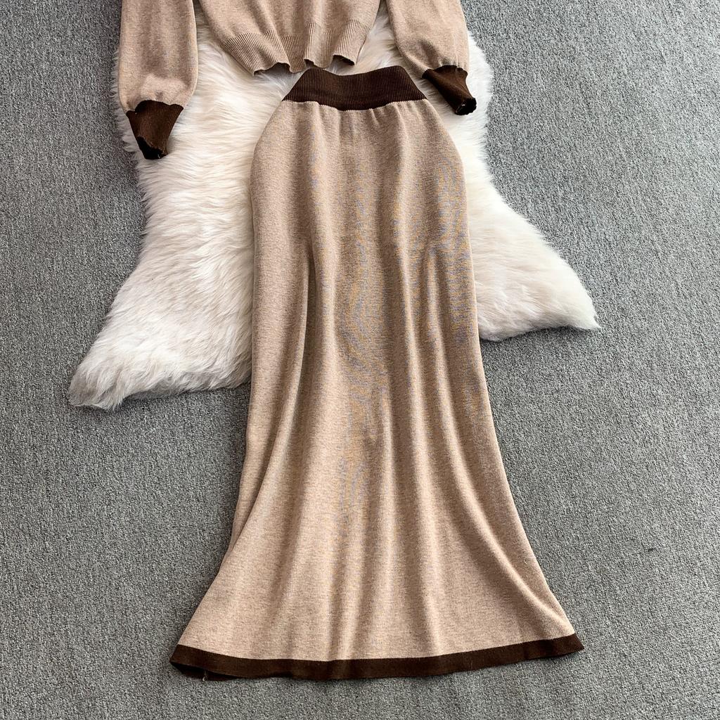 Autumn Winter Women Casual Knitted Sweater Two Piece Set V-neck Pullover Tops and Long Maxi Big Swing Skirt Suit