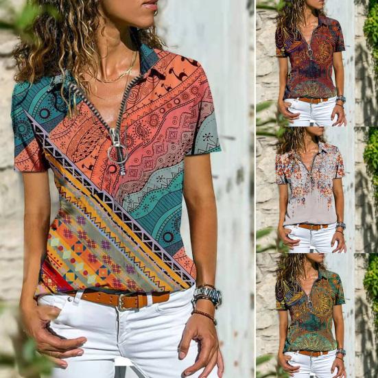 Women Shirt Ethnic Print Zipper Summer All Match Slim-fitting T-shirt Blouse for Travel
