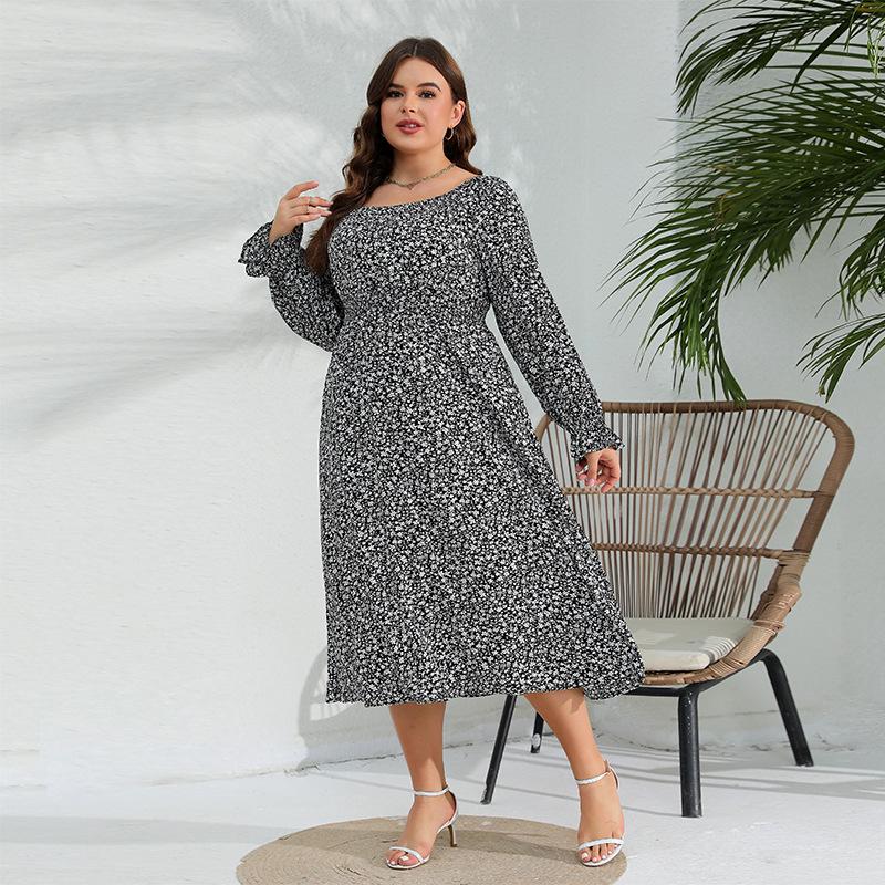 Весеннее женское платье размера плюс с длинным рукавом с цветочным принтом и эластичной резинкой на талии Элегантное длинное платье с рюшами и рукавами