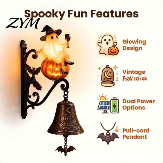 Illuminated Porch Hanging Halloween Light Up Ghost Pumpkin Doorbell, Vintage Resin Wall Bell with Spooky Yard Accessories Warm Glowing, Battery