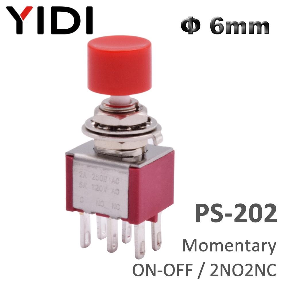 5pcs 10pcs PS-102 202 Mini 6mm 3pin 6pin SPDT DPDT Momentary Push Button Switch 2A 250VAC 5A 120VAC Toggle Switch with Red Cap
