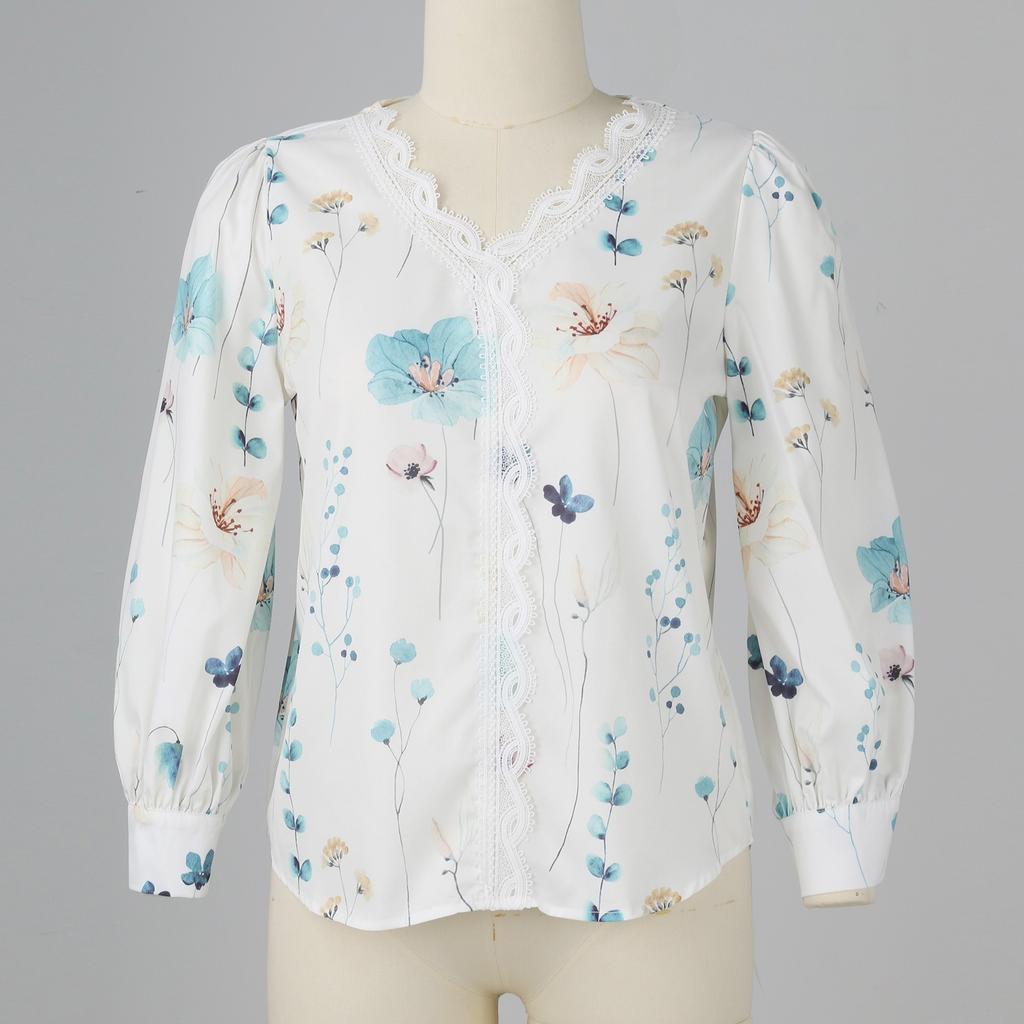 Женская кружевная рубашка с длинными рукавами и V-образным вырезом