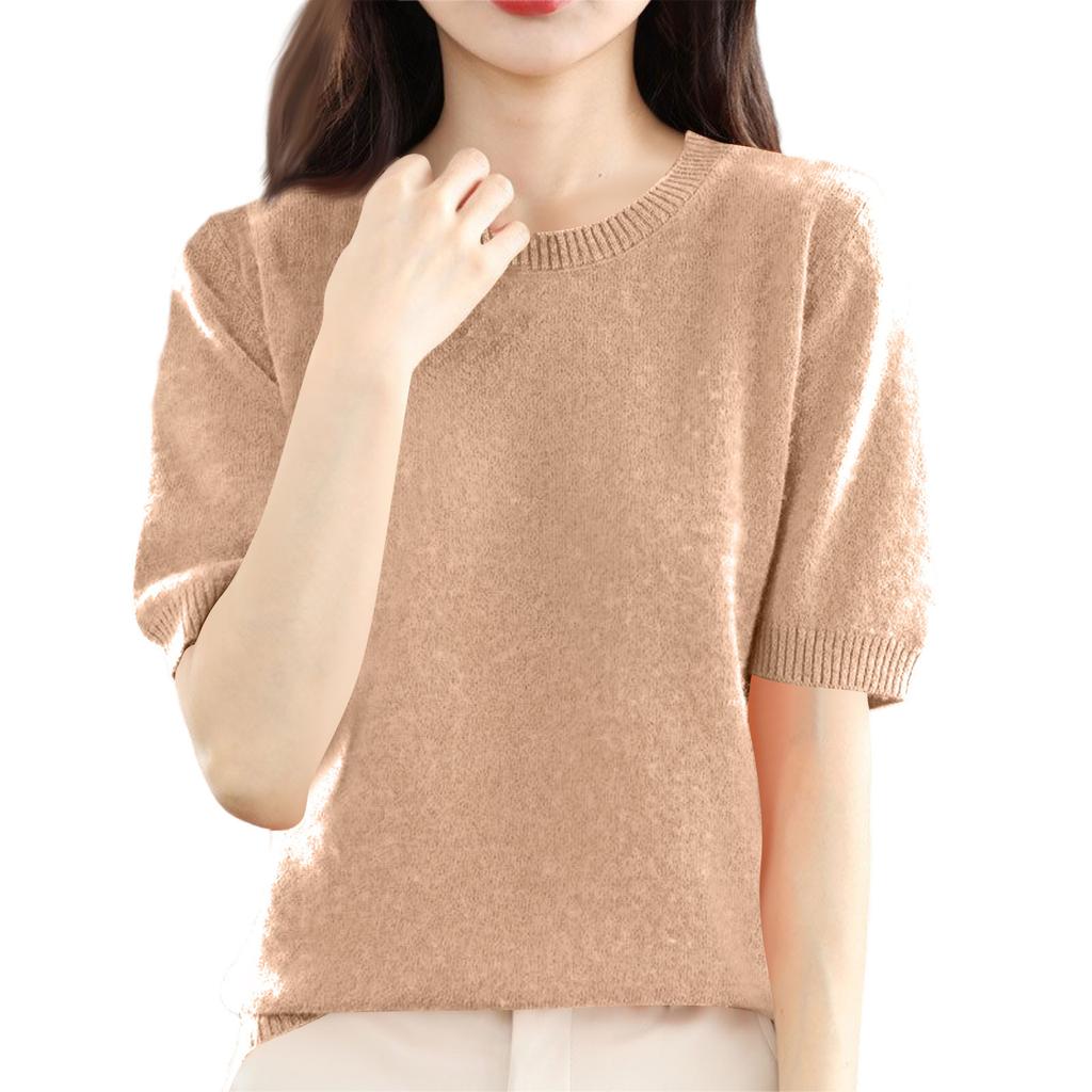 Women's Fashion Wool Knit Half Sleeve Round Neck Solid Colour Bottom Shirt Knitted T-Shirt Top