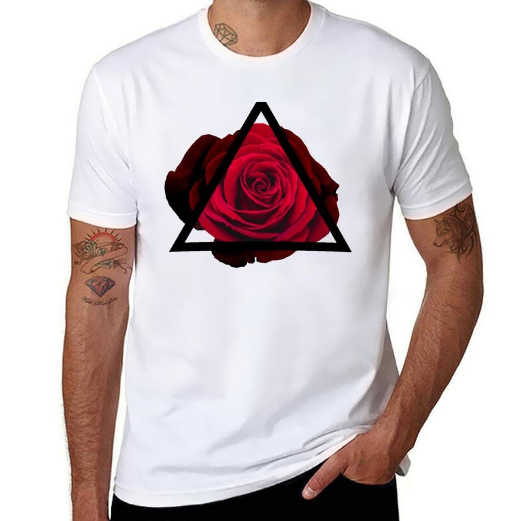 Triangle Flowers Red Rose Dark Tshirt Casual Lightweight Short Sleeve Top