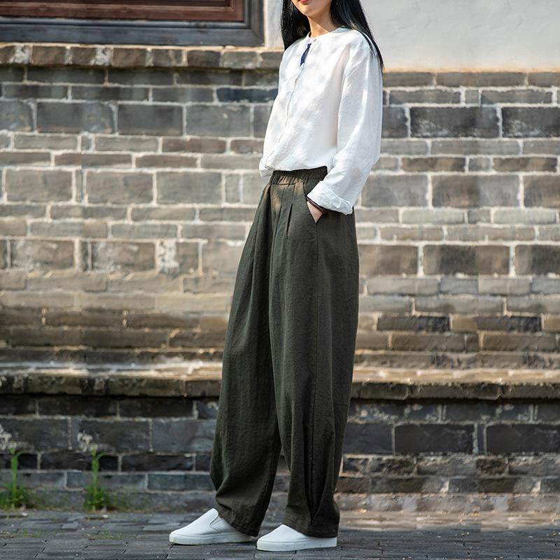 Women Loose Cotton Linen Casual Pants Solid Color Elastic Waist Lantern Pants Autumn Winter Simple Trousers