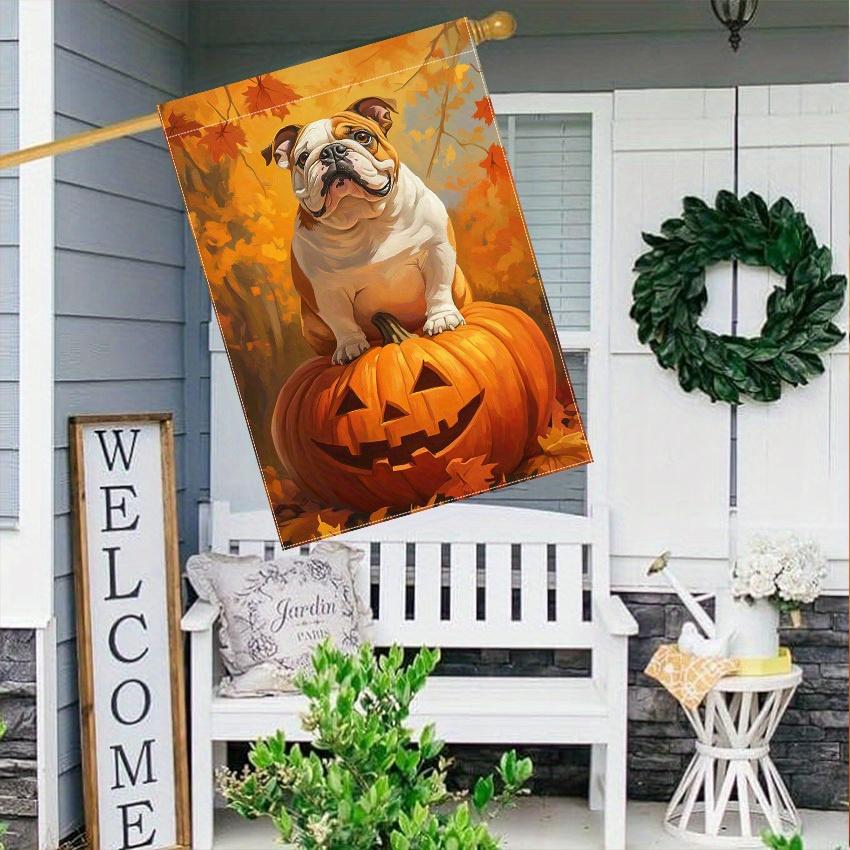 1pc Festive Bulldog on Pumpkin Halloween Garden Flag Double-Sided, Durable Polyester, Autumn Maple Leaf Design for Outdoor, Lawn & Courtyard Decorati