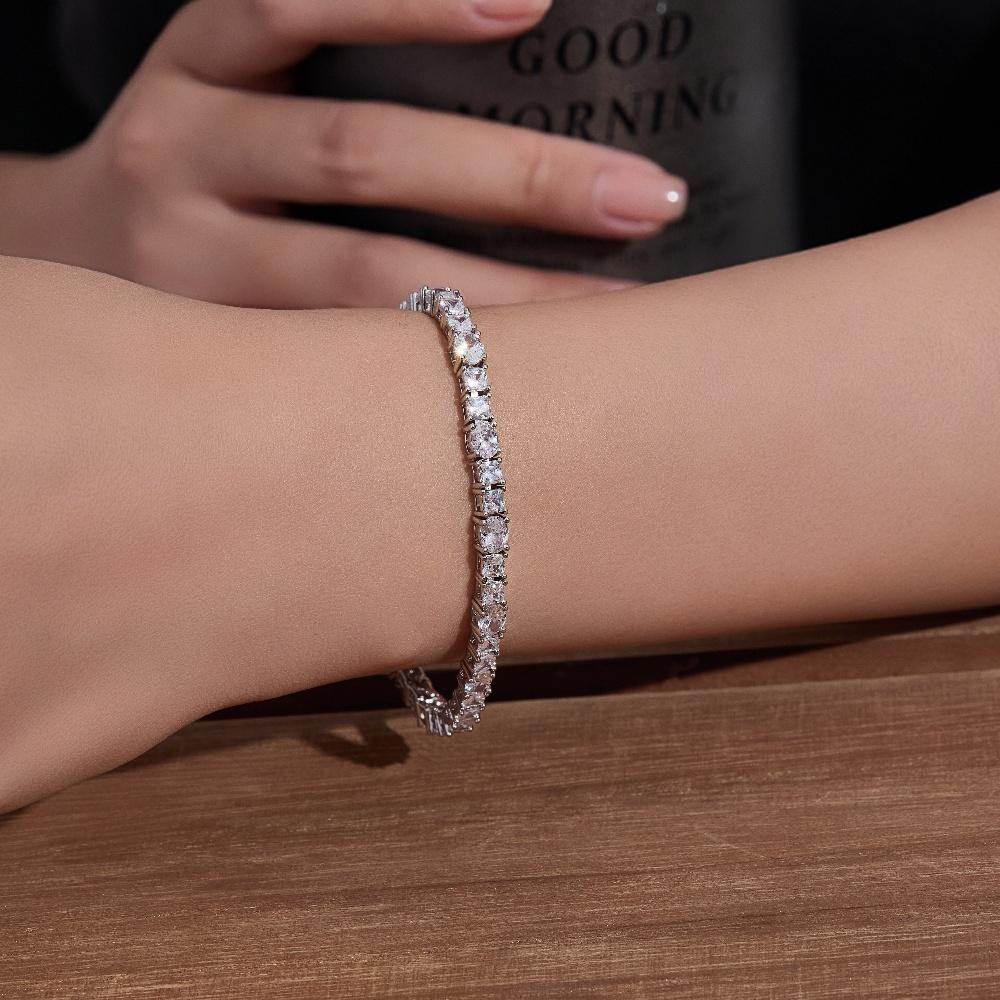 Элегантный сверкающий дизайн, посеребренный теннисный браслет с овальными квадратными белыми циркониевыми камнями