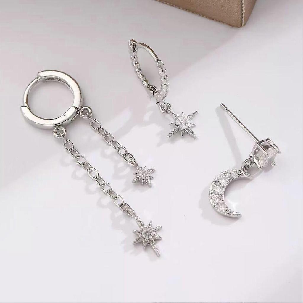 Stylish Star, Moon & Star of David Tassel Earrings Set, 3-Piece Zircon Earring Set, Hypoallergenic, Unisex, Fashionable & Classic for Everyday Wear