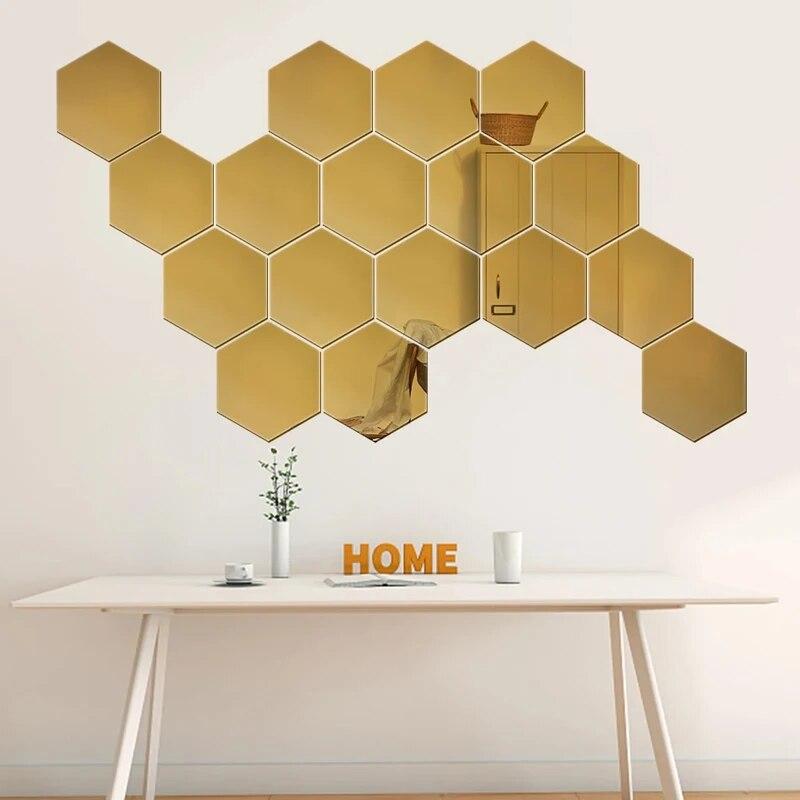 12 шт. Наклейки на зеркальную стену для гостиной, фон для телевизора, декоративные наклейки, шестиугольные наклейки на зеркальную стену, декоративное зеркало