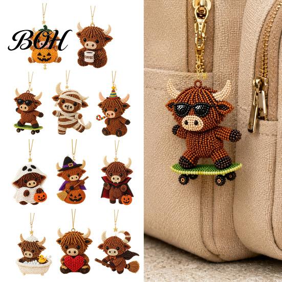 Stress Relief Craft DIY Highland Cow Beading Kit, Cute 3D Bead Pendant Handmade Ornaments with Colorful Beads And Instructions, Beadwork Kit