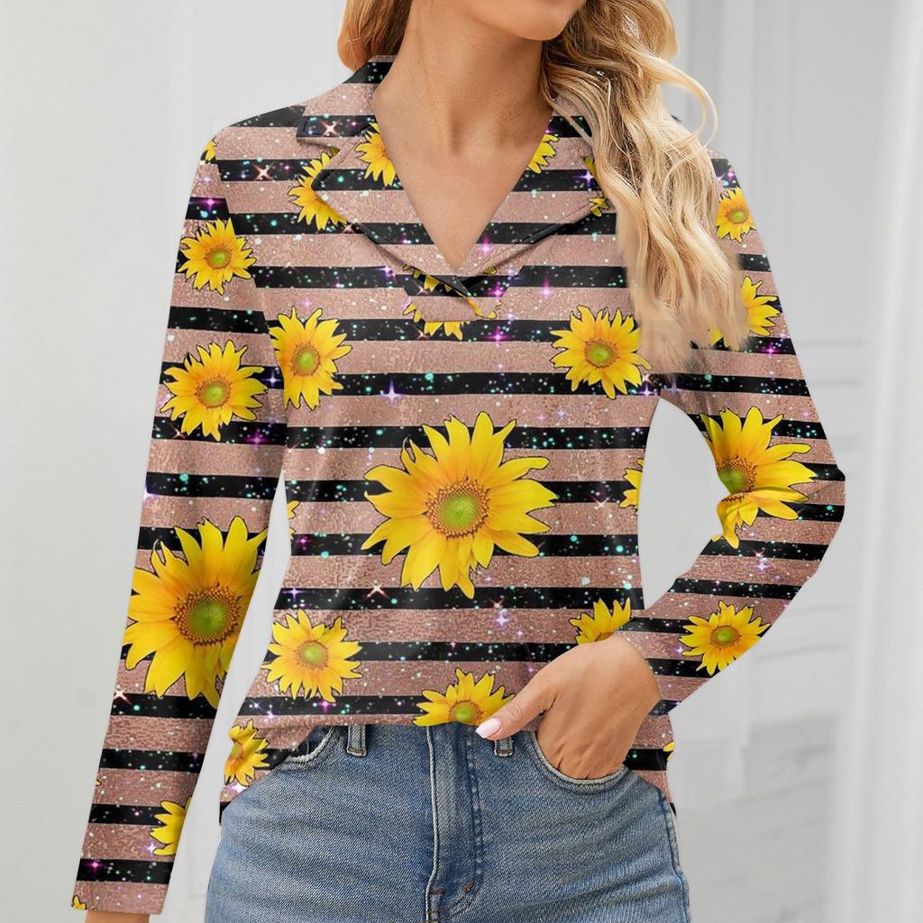 Women's Fashion Leisure Long Sleeve V Neck Flower Printing Top