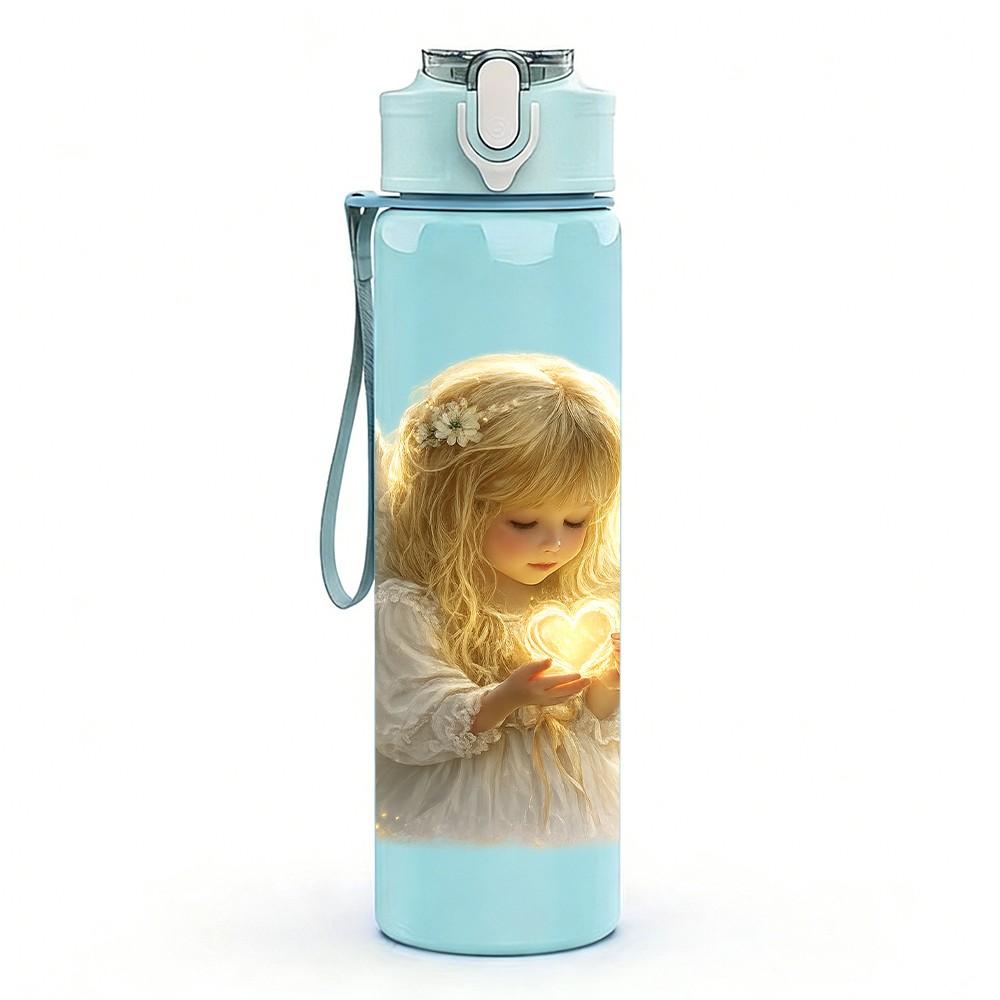 1PC Little Angel White Wing Art Print 750ml Color Plastic Sports Water Bottle Leakproof Flip Straw Lid Suitable for Sports Office Home Use