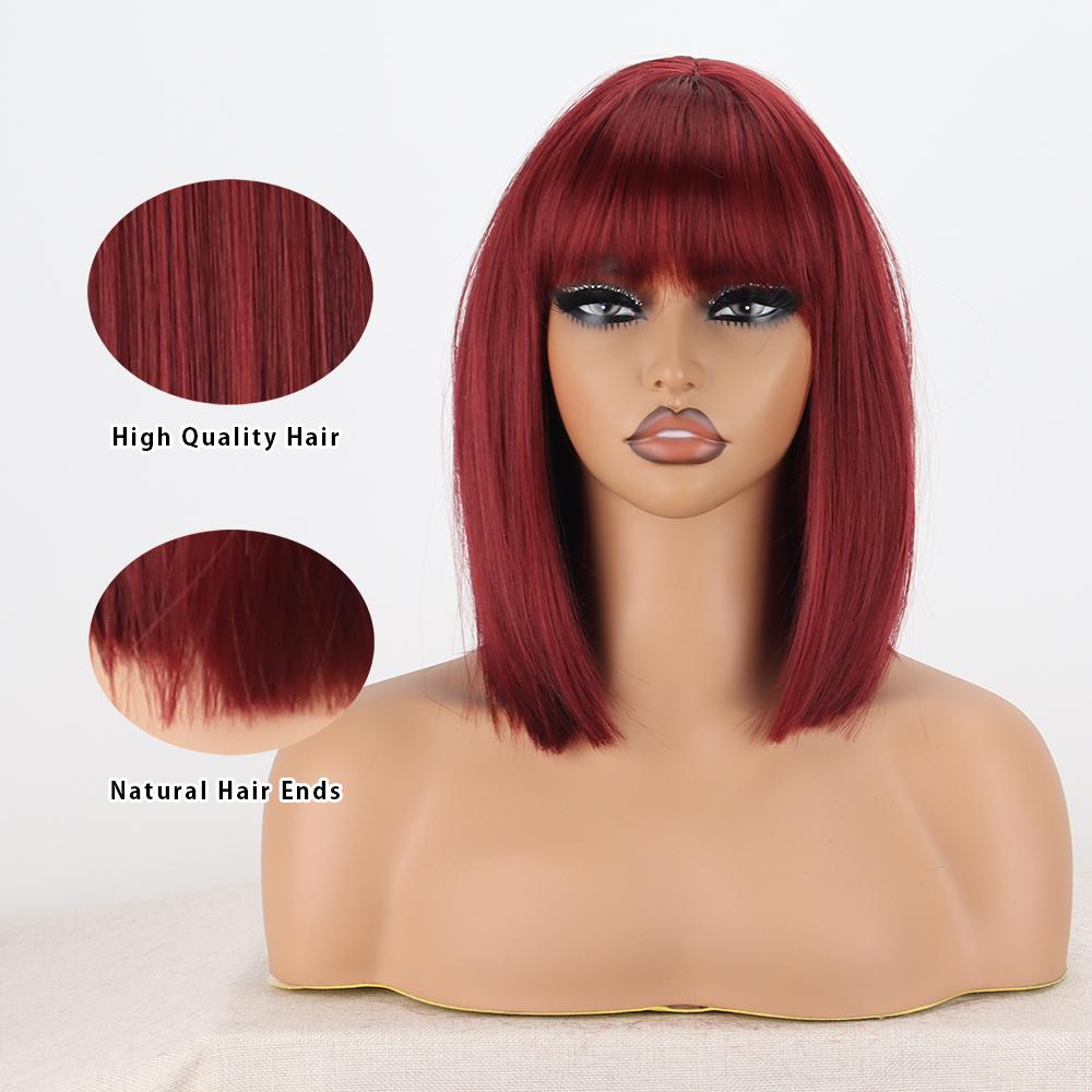 LISI HAIR Women Shoulder Length Red Wine Straight Bob Wig with Bangs Synthetic Fiber Natural Straight Bob Wig Cosplay Daily