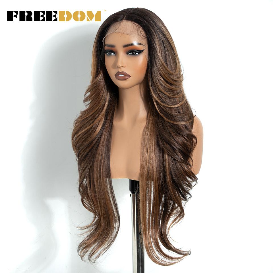 FREEDOM Synthetic Lace Front Wigs For Women 28 Inches Long Layered Wavy T Part Ombre Brown Blonde Wig With Bangs Cosplay Wigs