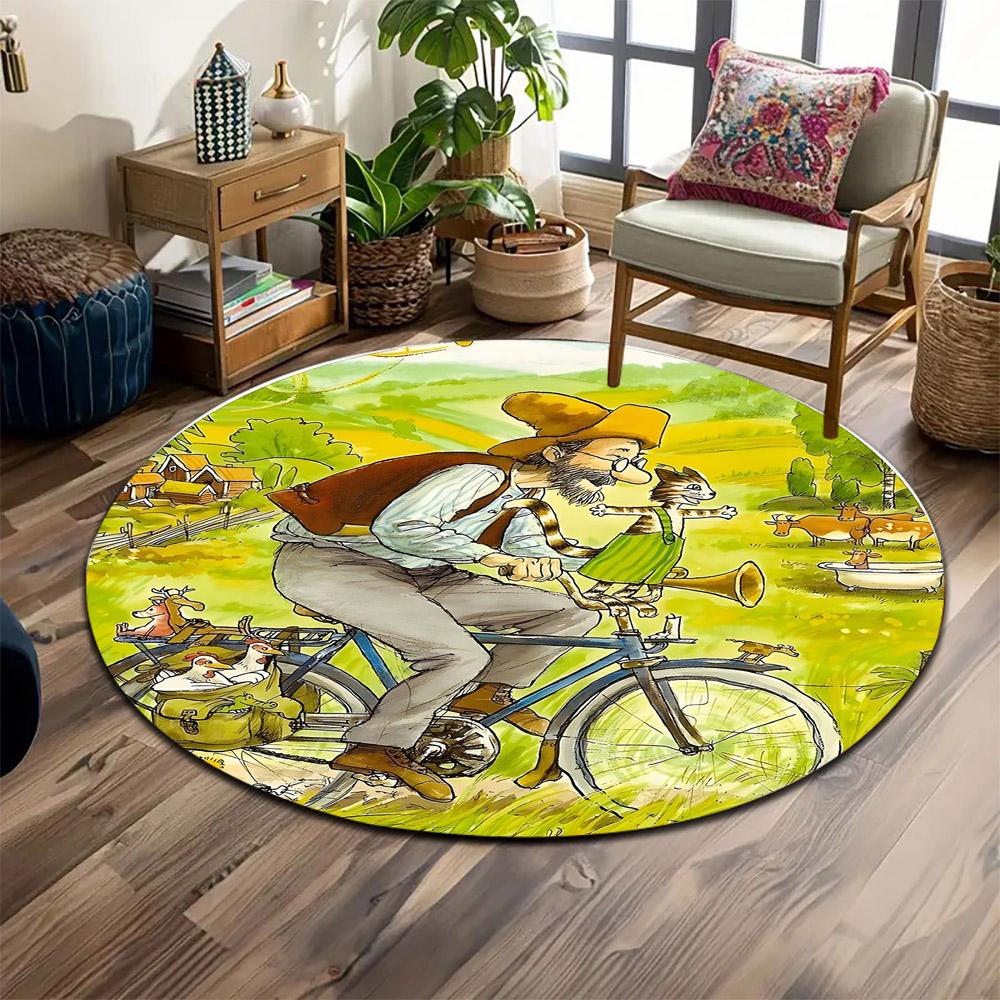 Man Cycling with Cat in Countryside Print round rug, living room, bedroom, playroom carpet, non slip floor mat, gift