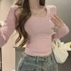 Solid Color U-Neck Long-Sleeve Slim T-Shirt: 2024 Autumn Korean Style Women's Top