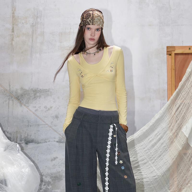unifree Весна 2026 Корейский Стиль Дизайн Крест Имитация Двух Частей Узкая Футболка