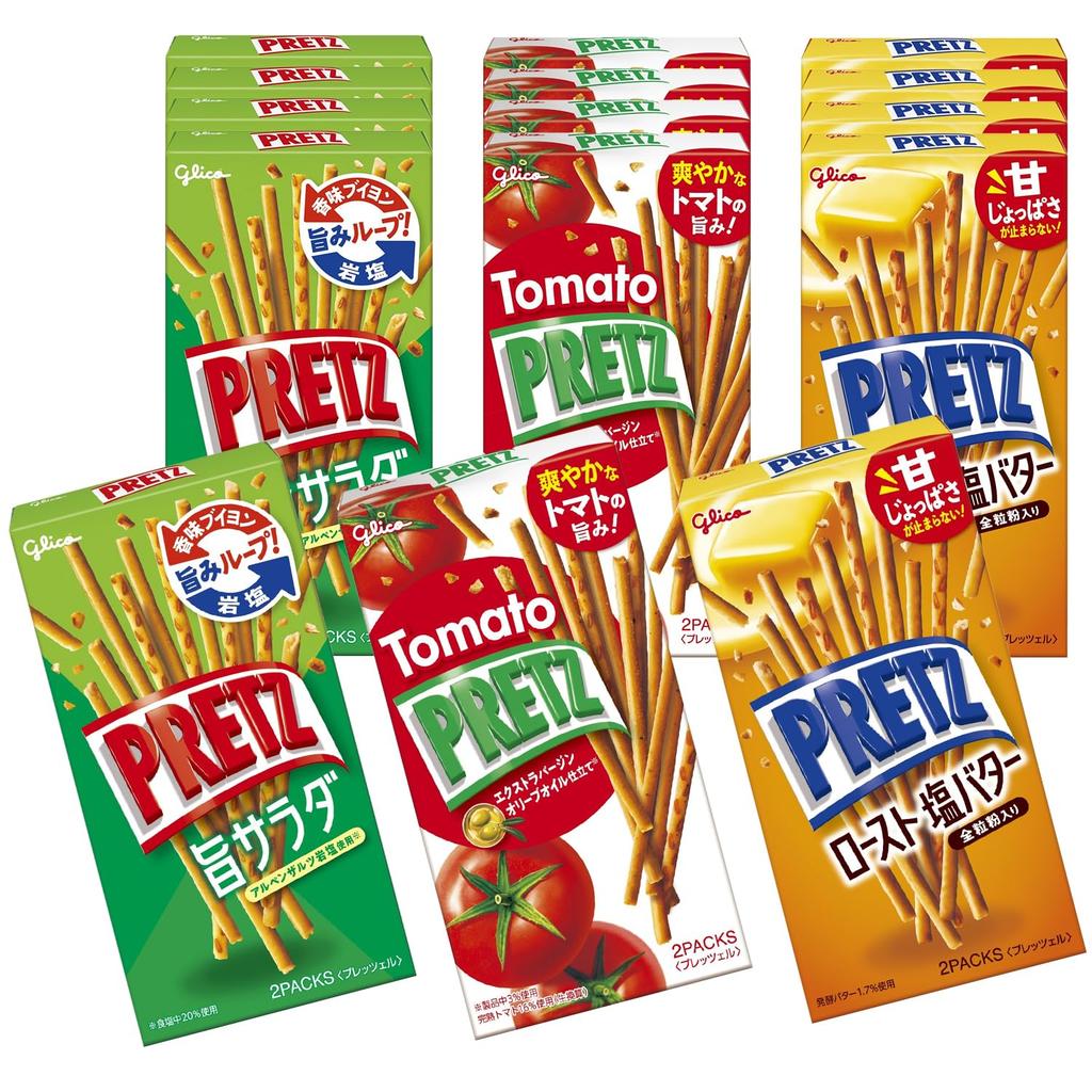 Pretz Small Box Assortment Set 3 Roasted Salted A snack for tasting and comparing flavors Ezaki Glico (15 pieces, flavors Salad, Tomato, Butter) - -