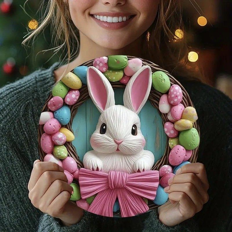 Cute Tulip Rabbit Wooden Hanging Sign, Aesthetic Room Decor for Door, Living Room & Bedroom, Sweet Pastoral Style Wall Plaque