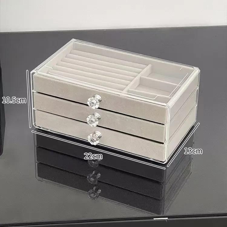 Acrylic Velvet Jewelry Organizer with 3 Drawers Stackable Display Storage Earrings Necklace Bracelets Box Holder Case for Women
