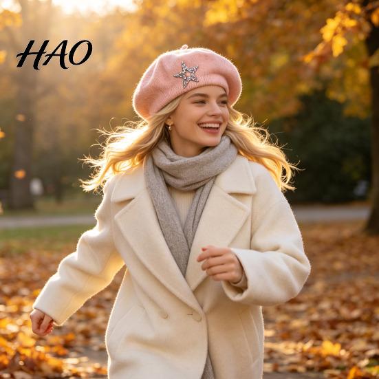 Rhinestone Star Hat Women Knitted Beret for Fall Winter, French Style Artist Winter Cap with Star, Stretchy Solid Color Knitting Decorative