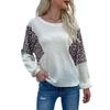 Womens Loose Fit Round Neck Knit Top With Leopard Print Patchwork Casual Long Sleeve Sweater In Apricot