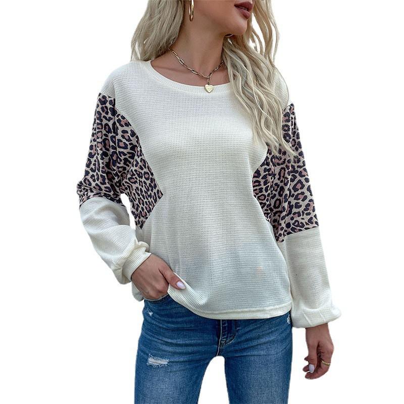 Womens Loose Fit Round Neck Knit Top With Leopard Print Patchwork Casual Long Sleeve Sweater In Apricot