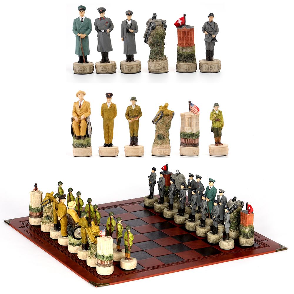 Role Theme Chess Set - Resin Material And Hand-Painted With Embossed Leather Chess Board - 32 Pieces - Ideal Gift Board Game