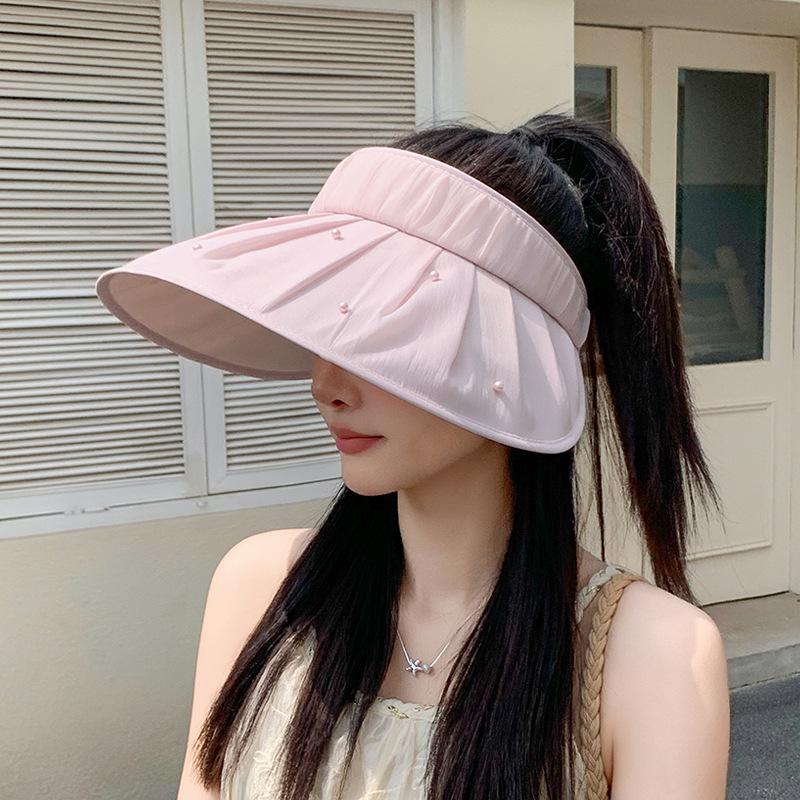 Летняя солнцезащитная шляпа женская для путешествий на открытом воздухе универсальная модная шляпа с открытым верхом жемчужная плиссированная шляпа от солнца с большими полями